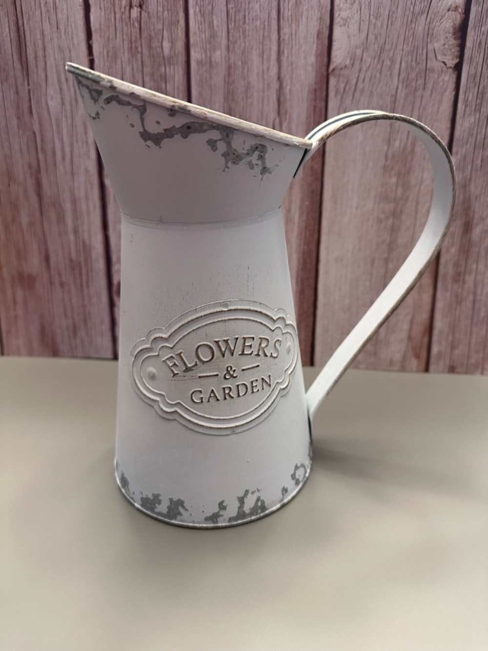 Farmhouse Metal Pitcher Vase Rustic “Flowers & Garden” Decor
